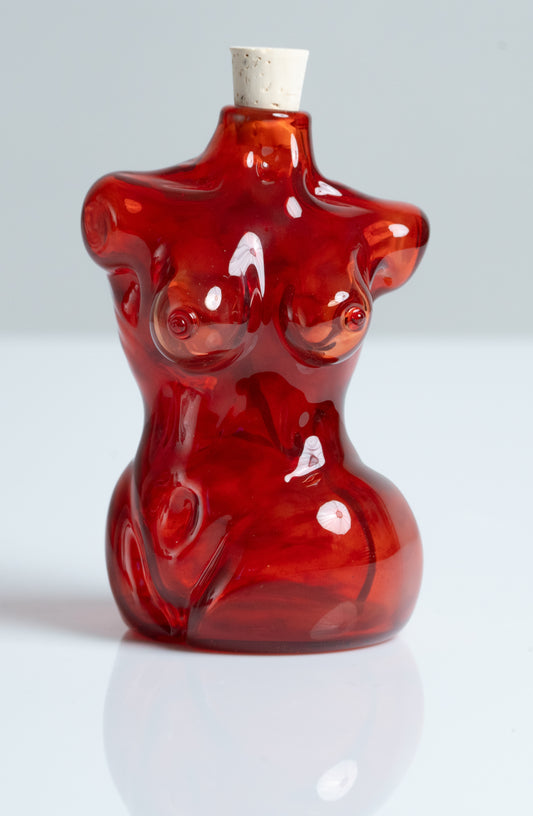 Small Glass Female Torso Flask in Red.